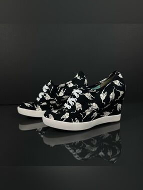 Cat Print Wedge Sneakers BC Footwear Black Canvas Shoes Size 6